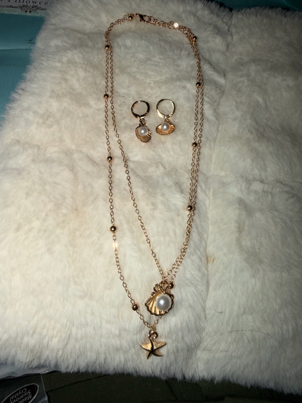 Gold-Tone Pearl Shell & Starfish Layered Necklace with Matching Earrings